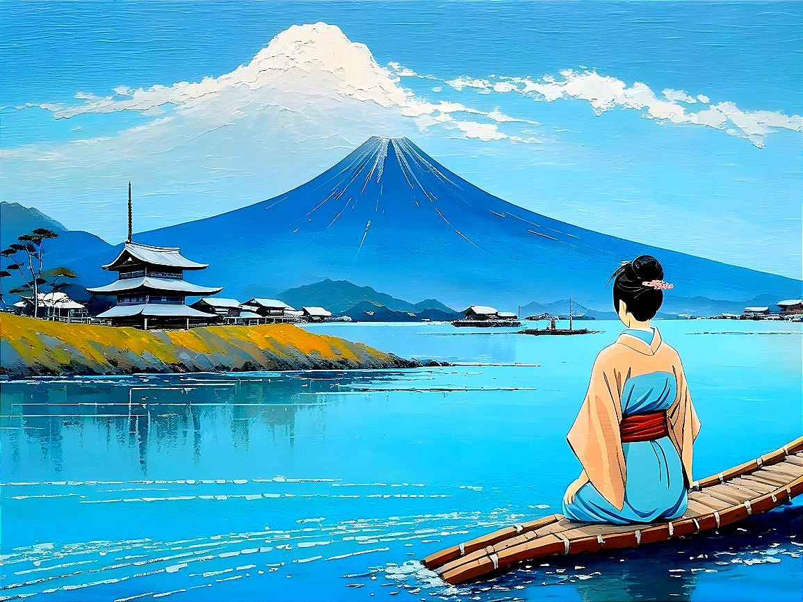 Woman in Kimono on Bamboo Raft by Mount Fuji