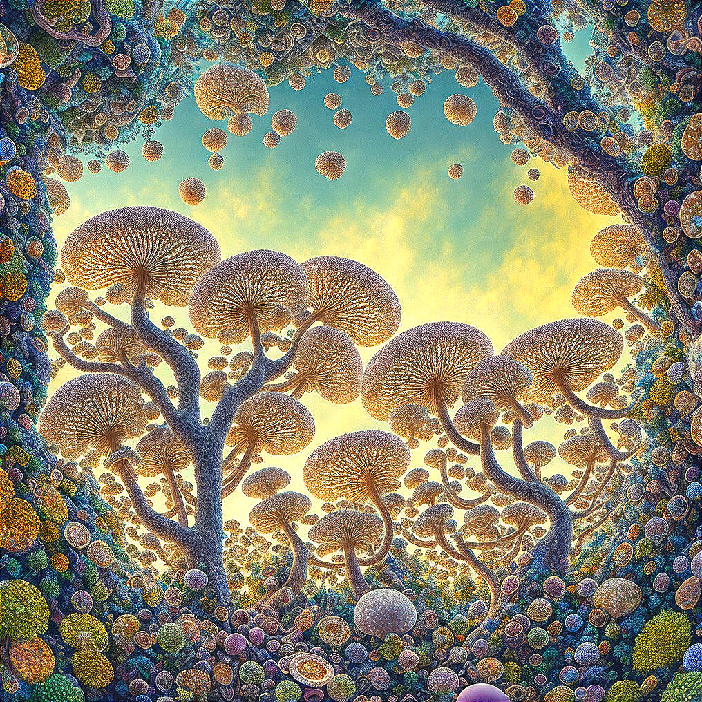 Surreal Forest with Vibrant Trees and Mushrooms
