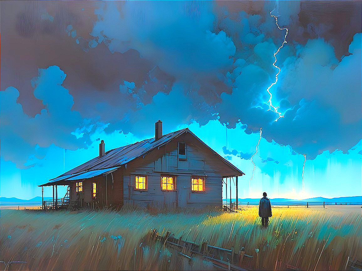 Lonely Farmhouse in Grassy Field Under Dramatic Sky