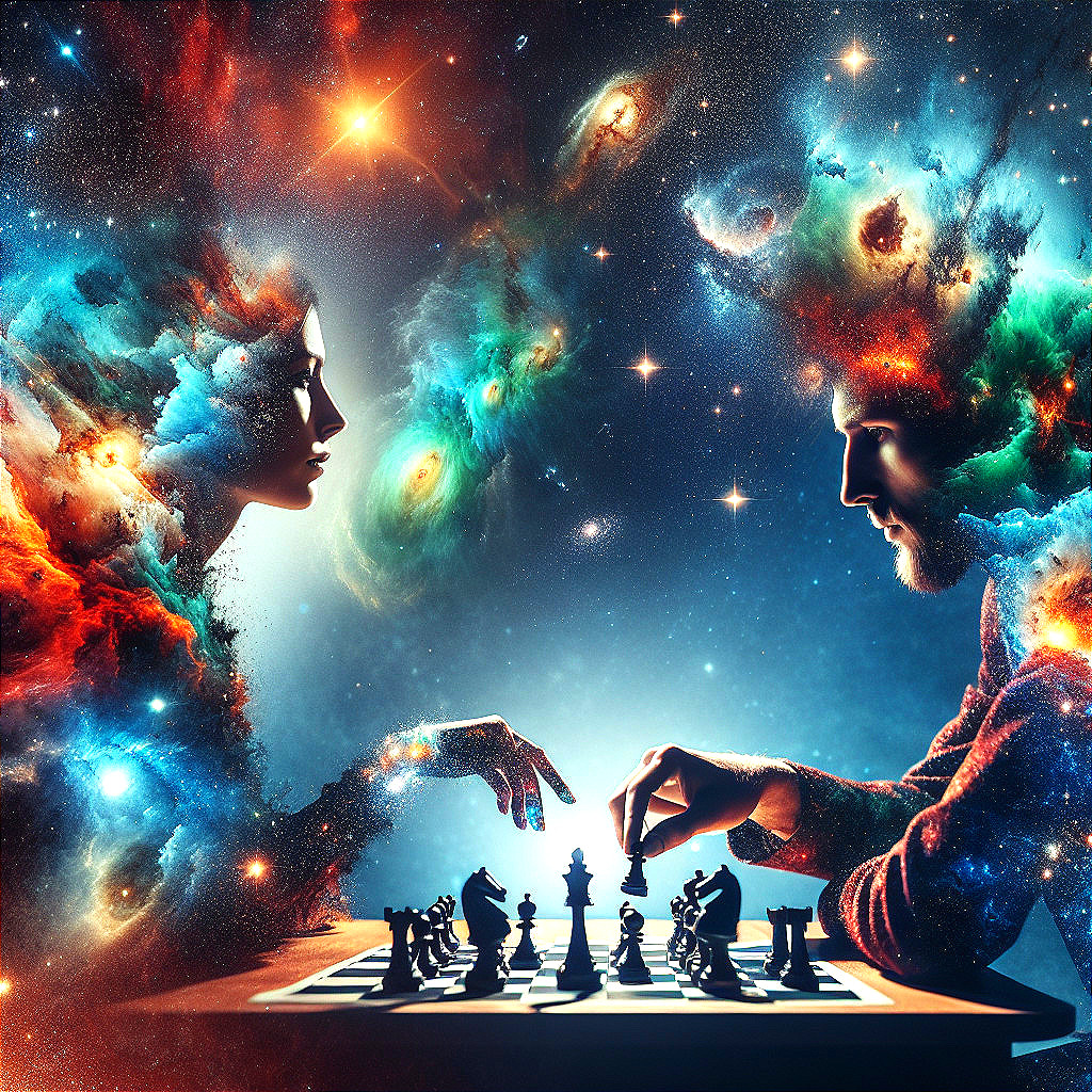 Cosmic Chess Match with Galaxies and Nebulae Background