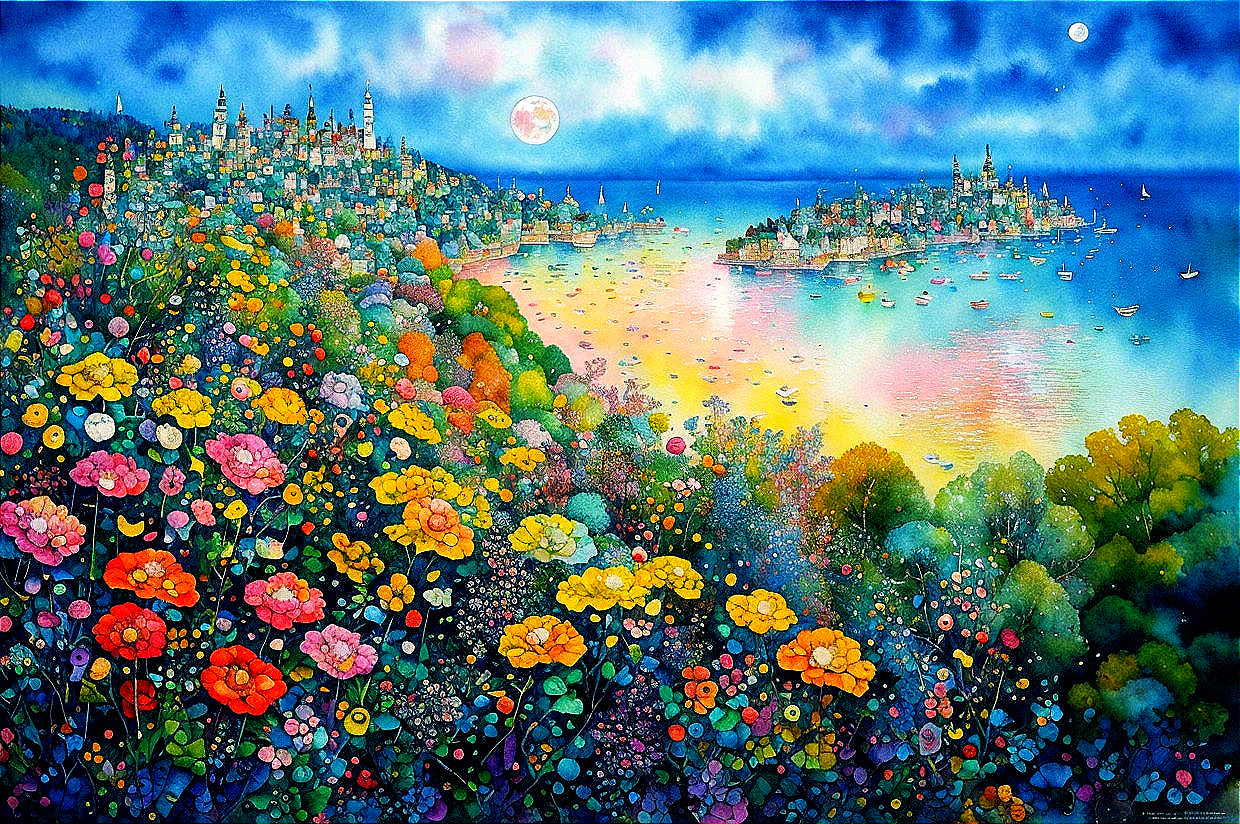 Surreal Landscape with Colorful Flowers and Tranquil Bay