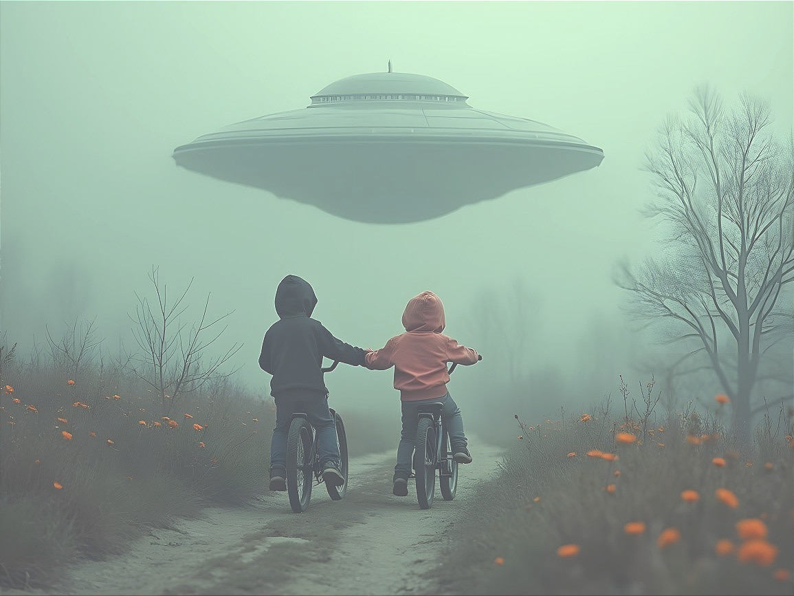 Children on Bicycles Under Hovering UFO in Foggy Landscape