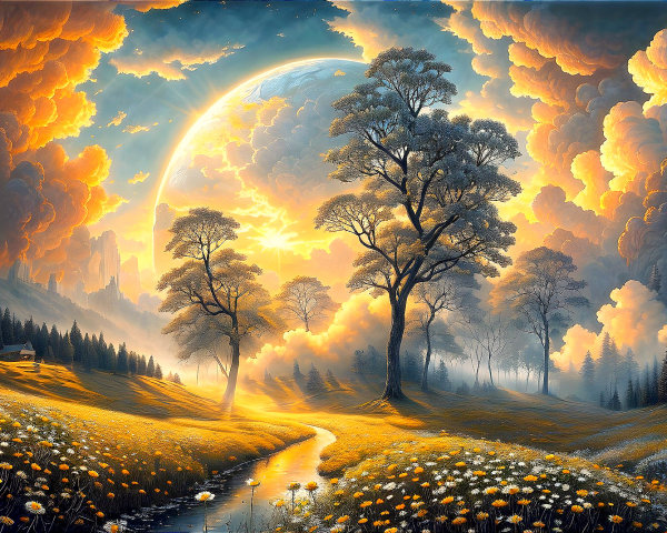 Vibrant orange and blue sky over fantastical landscape