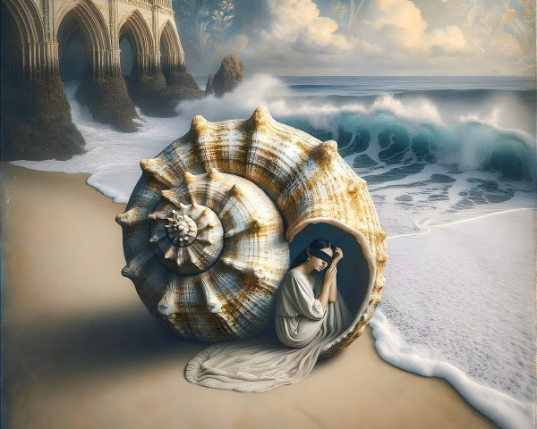 Serene Beach Scene with Spiraled Seashell and Woman