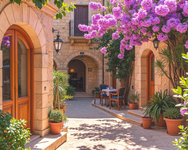 Charming Courtyard with Stone Archways and Bougainvillea