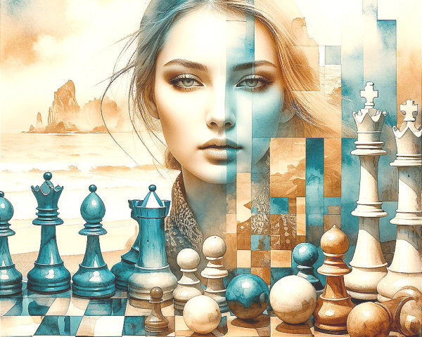 Surreal Artwork of Woman's Face and Chessboard