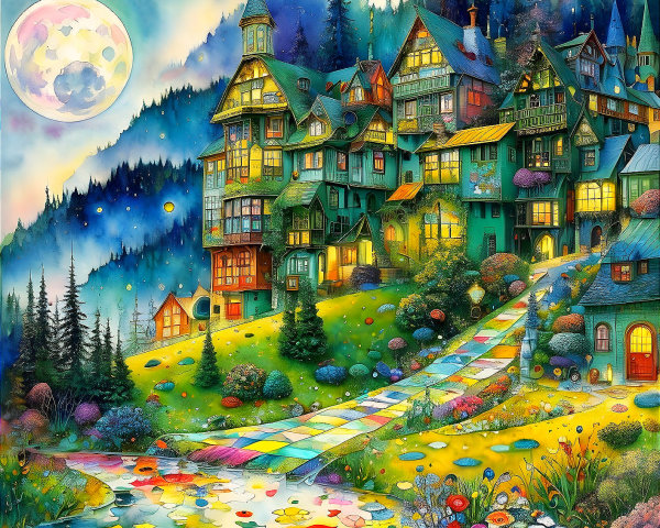 Vibrant Fantasy Painting of Whimsical Houses and Nature