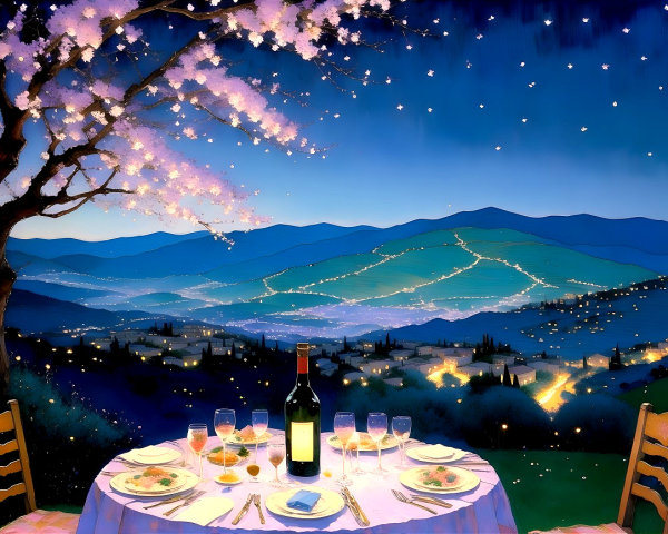 Romantic Dinner Setting with Mountain Twilight Ambiance