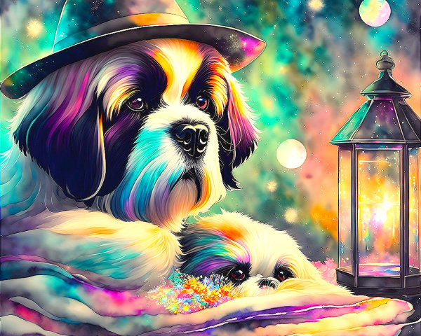Vibrant dog illustration with hat under starry sky and smaller dog in celestial setting