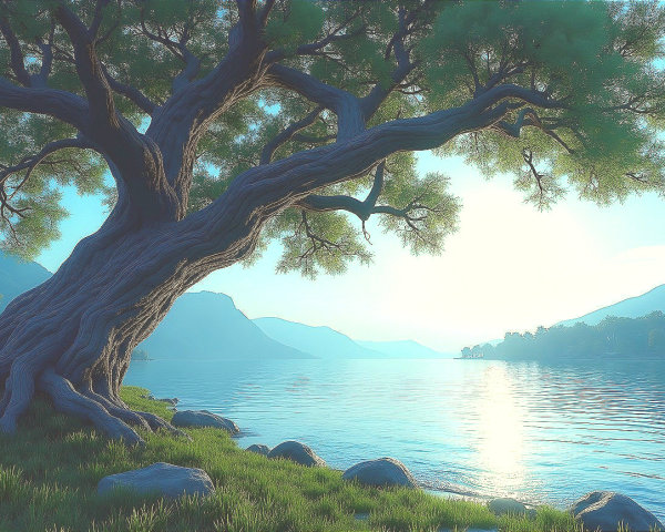 Twisted Tree by Tranquil Lake with Mountain Reflection
