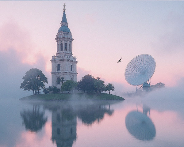 Majestic Clock Tower on Misty Island at Dawn