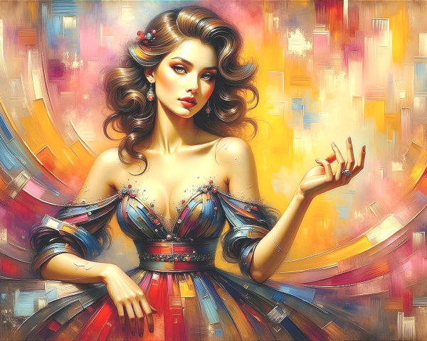Elegant Woman in Vibrant Dress Against Warm Background