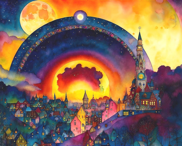 Colorful Watercolor Illustration of Whimsical Townscape with Clock Tower and Rainbow