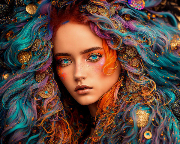 Portrait of woman with intense blue eyes, blue and red hair, gold accents, textured background