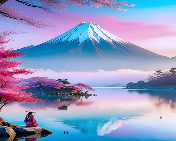 Mount Fuji and Cherry Blossoms in Serene Landscape