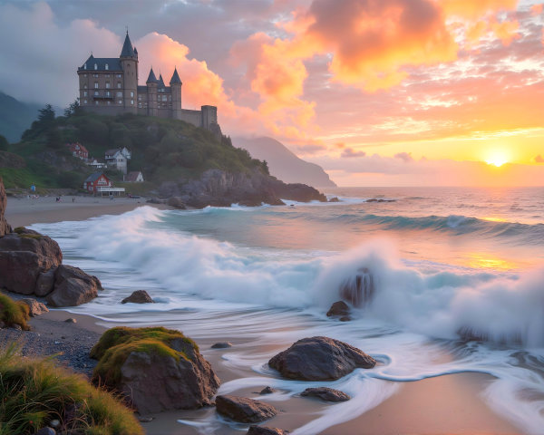 Castle on a Cliff Overlooking a Serene Beach at Sunset