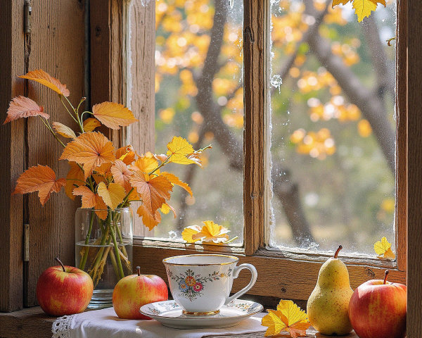 Cozy Autumn Scene with Teacup and Fresh Fruits