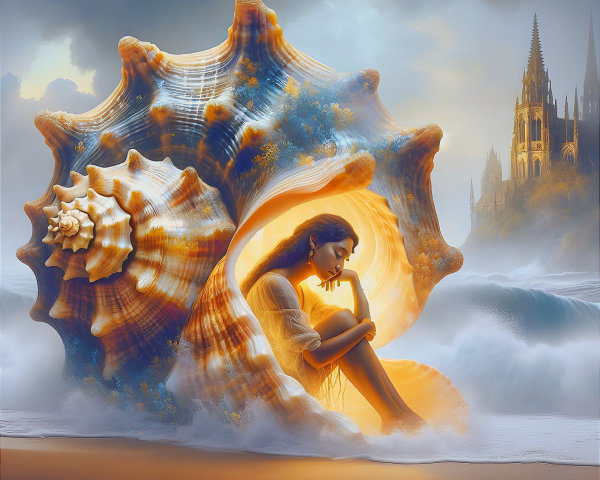 Surreal Beach Scene with Seashell and Flute Music
