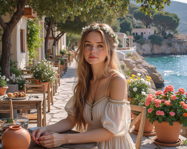 Young Woman in Cream Dress by the Mediterranean Sea