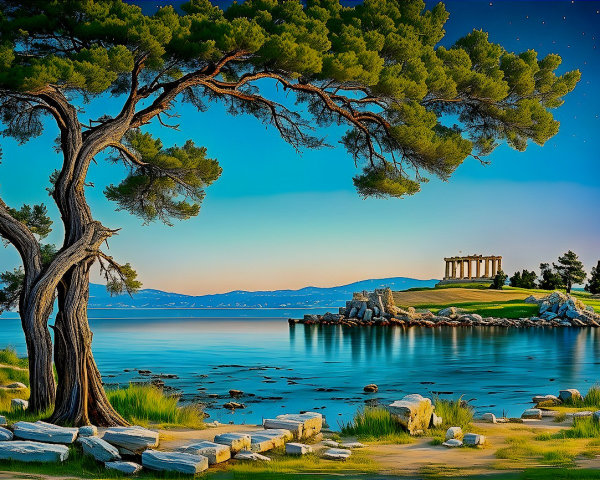 Twilight Coastal Scene with Temple and Majestic Tree