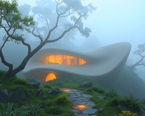 Sculptural House in Misty Landscape with Warm Light