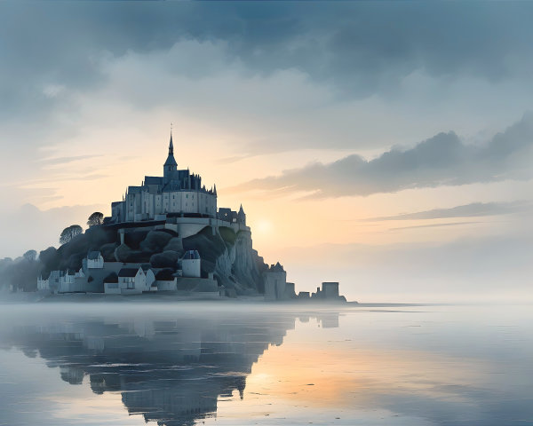 Majestic castle on rocky island at dawn with mist