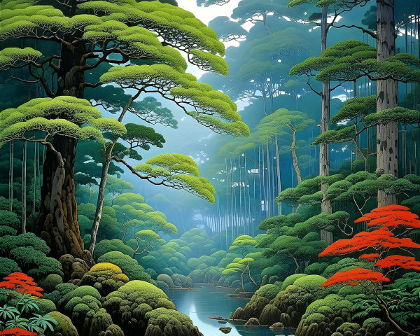Serene Forest Scene with Towering Trees and River