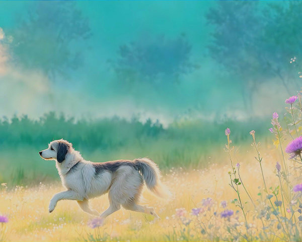 Serene Landscape with Dog in Sunlit Field