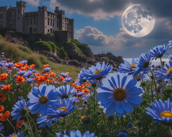 Vibrant Landscape with Castle and Full Moon Scene