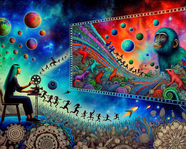 Film projector showcases cosmic and evolutionary imagery with monkey, flora, and whimsical elements.
