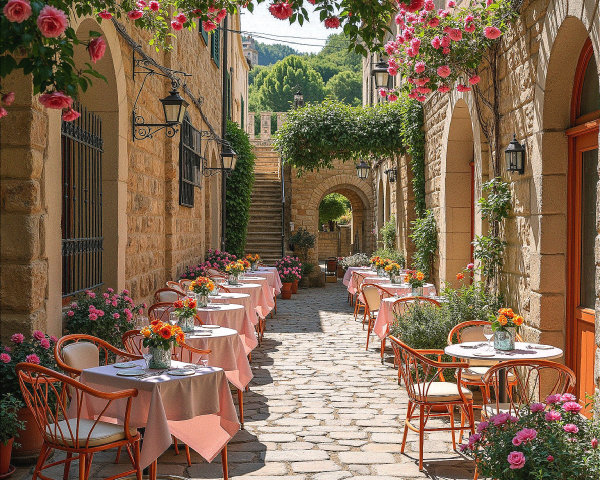 Charming Alleyway with Tables and Flower Arrangements