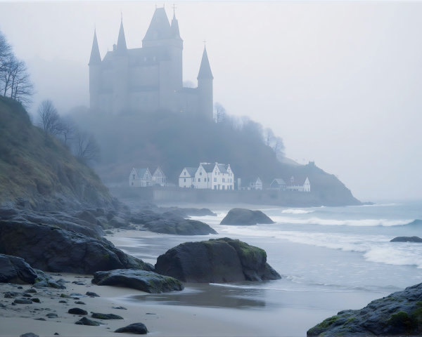 Misty Landscape with Castle and Rocky Shoreline