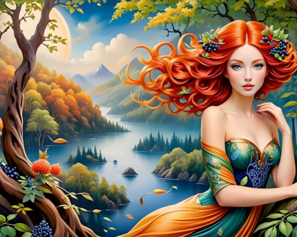 Enchanting Landscape with Woman in Vibrant Gown