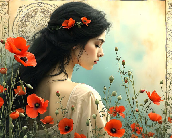 Portrait of a Young Woman with Poppy Flowers