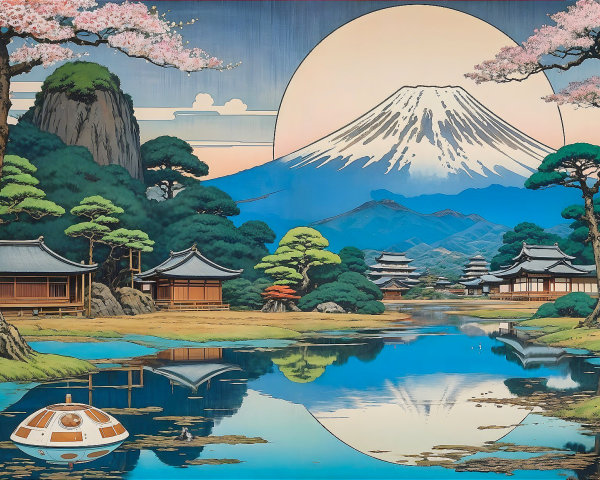Tranquil Japanese Landscape with Mount Fuji and Lake