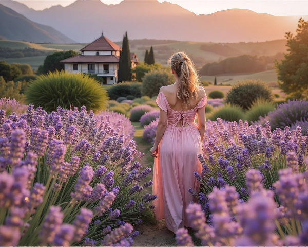 Woman in Pink Dress in Lavender Field at Sunset
