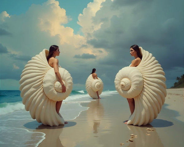 Figures in Seashell Skirts on a Serene Beach