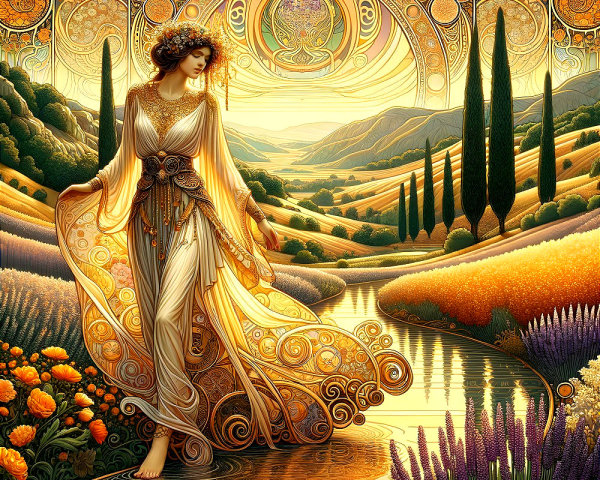 Serene Figure in Golden Garments in Vibrant Landscape
