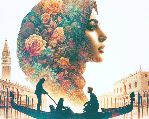 Artwork Featuring Woman's Profile and Venetian Gondola