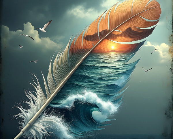 Feather and Ocean Waves in Dreamlike Harmony