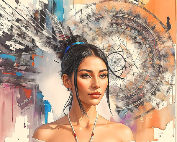Digital artwork: Woman with feathers, geometric design, abstract color splashes