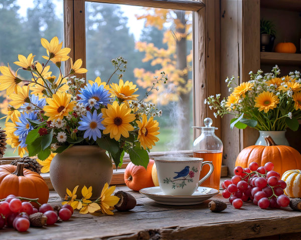 Cozy Autumn Scene with Tea and Seasonal Decor