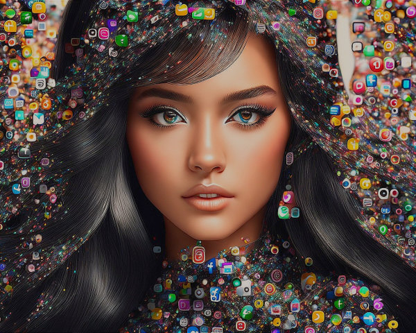Digital artwork: Woman with dark hair in colorful social media mosaic