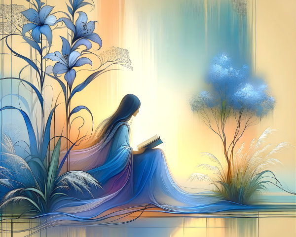 Serene Illustration of Woman Among Blue Lilies
