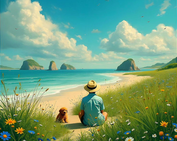 Serene Beach Scene with Dog and Vibrant Wildflowers
