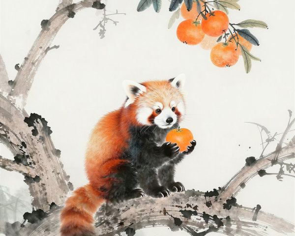 Sumi-e Painting of a Red Panda on a Tree Branch
