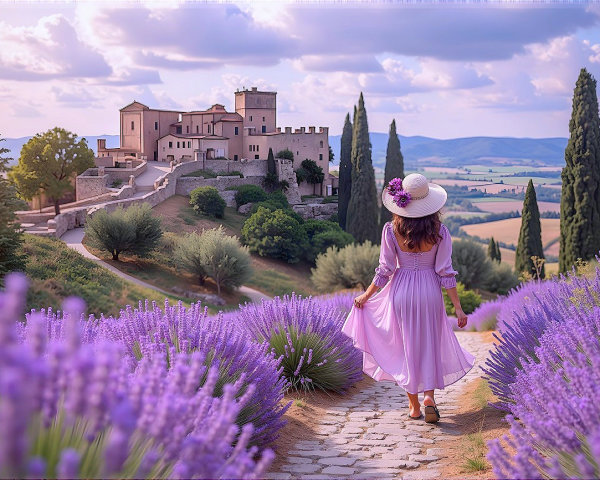 Young woman in lavender dress on cobblestone path