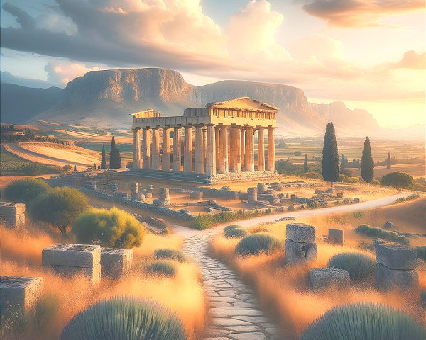 Ancient Greek Ruins in a Serene Landscape Scene