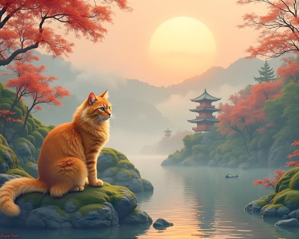 Serene Landscape with Cat by Tranquil River at Sunset