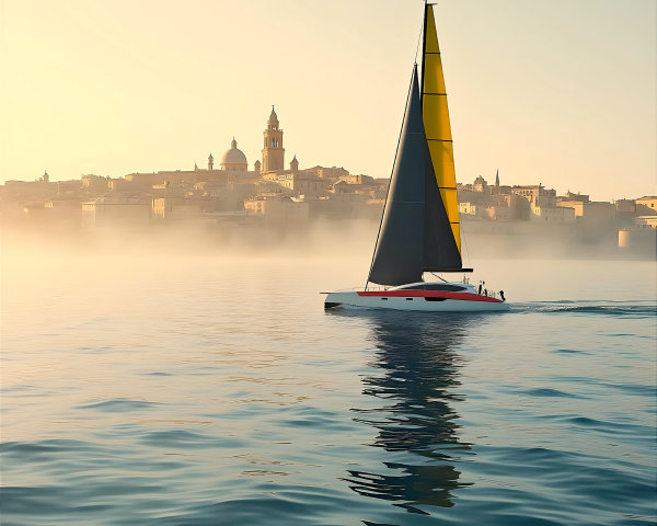 Sailboat on Calm Waters with Cityscape at Dawn